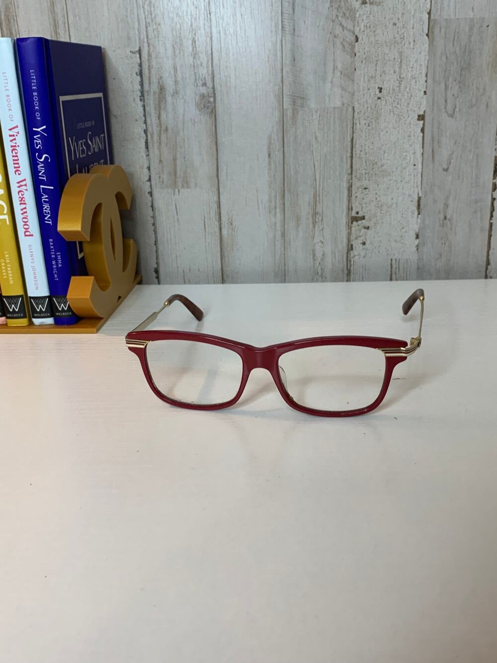 Gucci Eyeglass Frames 54-17 Red Rectangle Gold Prescription Temples Designer